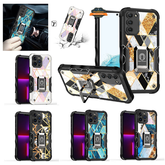 For Apple iPhone 13 Pro Max (6.7") Marble IMD Stone Design Hybrid Armor Magnetic Ring Stand Kickstand Heavy Duty  Phone Case Cover