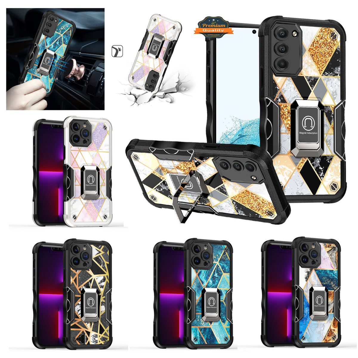 For Apple iPhone 14 Pro Max (6.7") Marble IMD Stone Design Hybrid Magnetic Ring Stand Kickstand Heavy Duty Rugged  Phone Case Cover