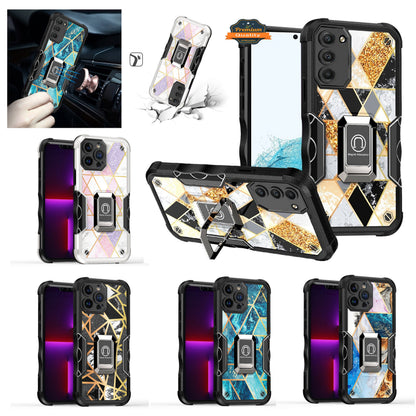 For Apple iPhone 14 Pro Max (6.7") Marble IMD Stone Design Hybrid Magnetic Ring Stand Kickstand Heavy Duty Rugged  Phone Case Cover