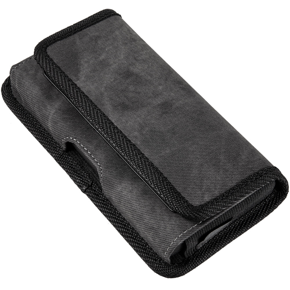 For Samsung Galaxy A72 5G Universal Horizontal Cell Phone Case Fabric Holster Carrying Pouch with Belt Clip and 2 Card Slots fit Large Devices 6.3" [Black Denim]