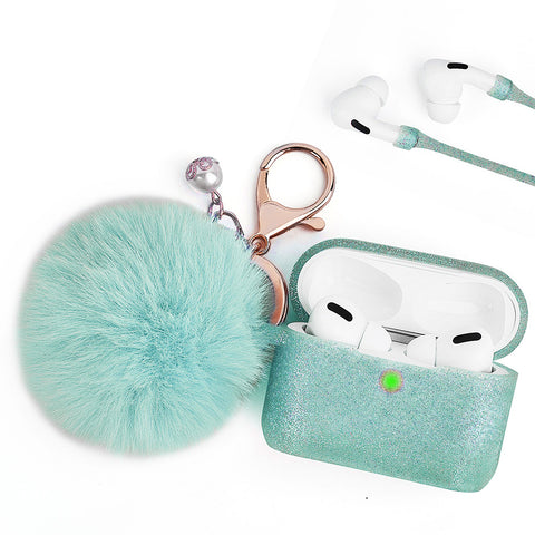 For Apple AirPods Series 3 (2021) Silicone Skin Cute Fur Ball Ornament Keychain 3 in 1 Fashion Thick TPU Gummy Luxury Soft Protective Earphone Mint Green Phone Case Cover