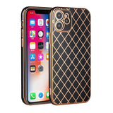 For Apple iPhone 11 (6.1") Electroplated Grid Diamond Gold Lines Fashion Hybrid Rubber TPU Hard PC Slim Fit  Phone Case Cover