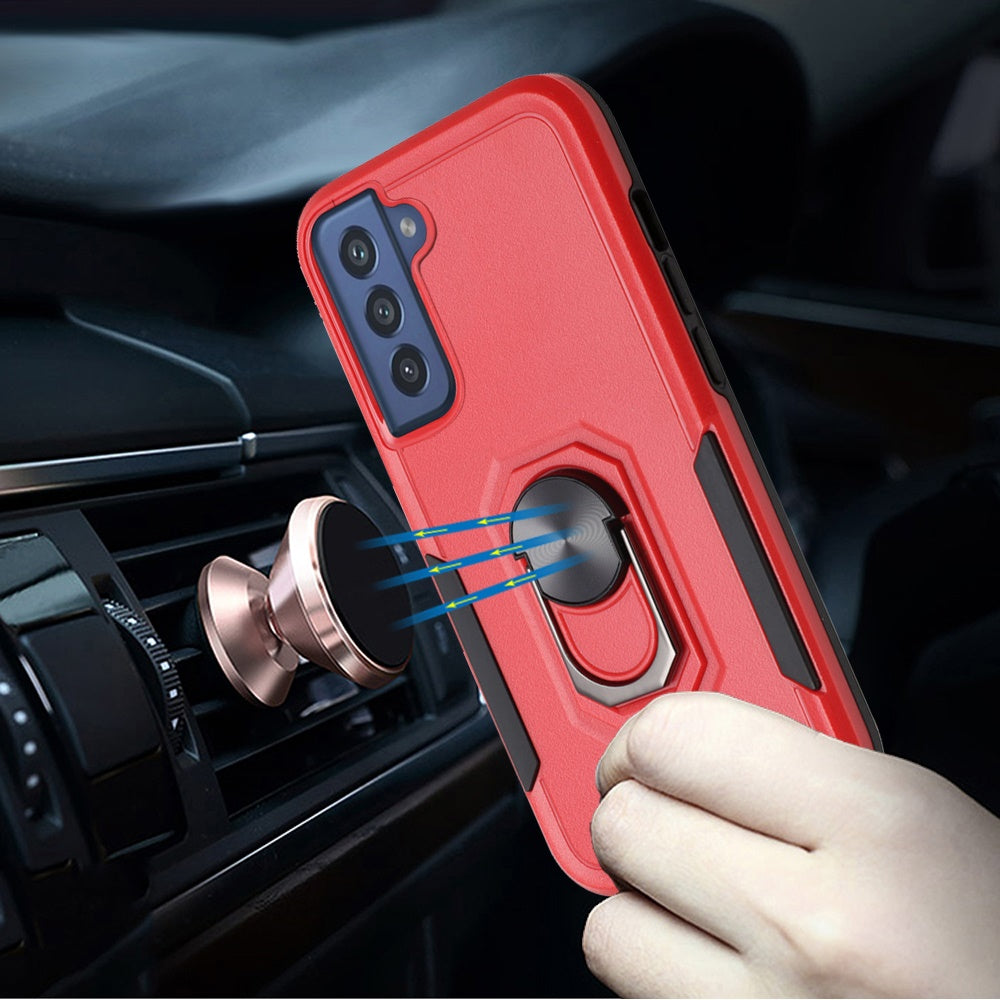 For Samsung Galaxy S21 Plus Hybrid Tough Strong Dual Layer Hard PC TPU with Flat Magnetic Ring Stand Heavy-Duty Armor Red Phone Case Cover