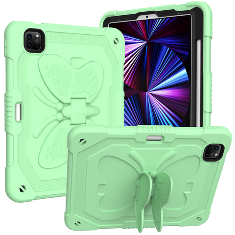 Case for Apple iPad Air 4 / iPad Air 5 / iPad Pro (11 inch) Butterfly Wings Kickstand 3in1 Tough Hybrid with Pencil Holder Heavy Duty Rugged Shockproof Full Protective Green Tablet Cover