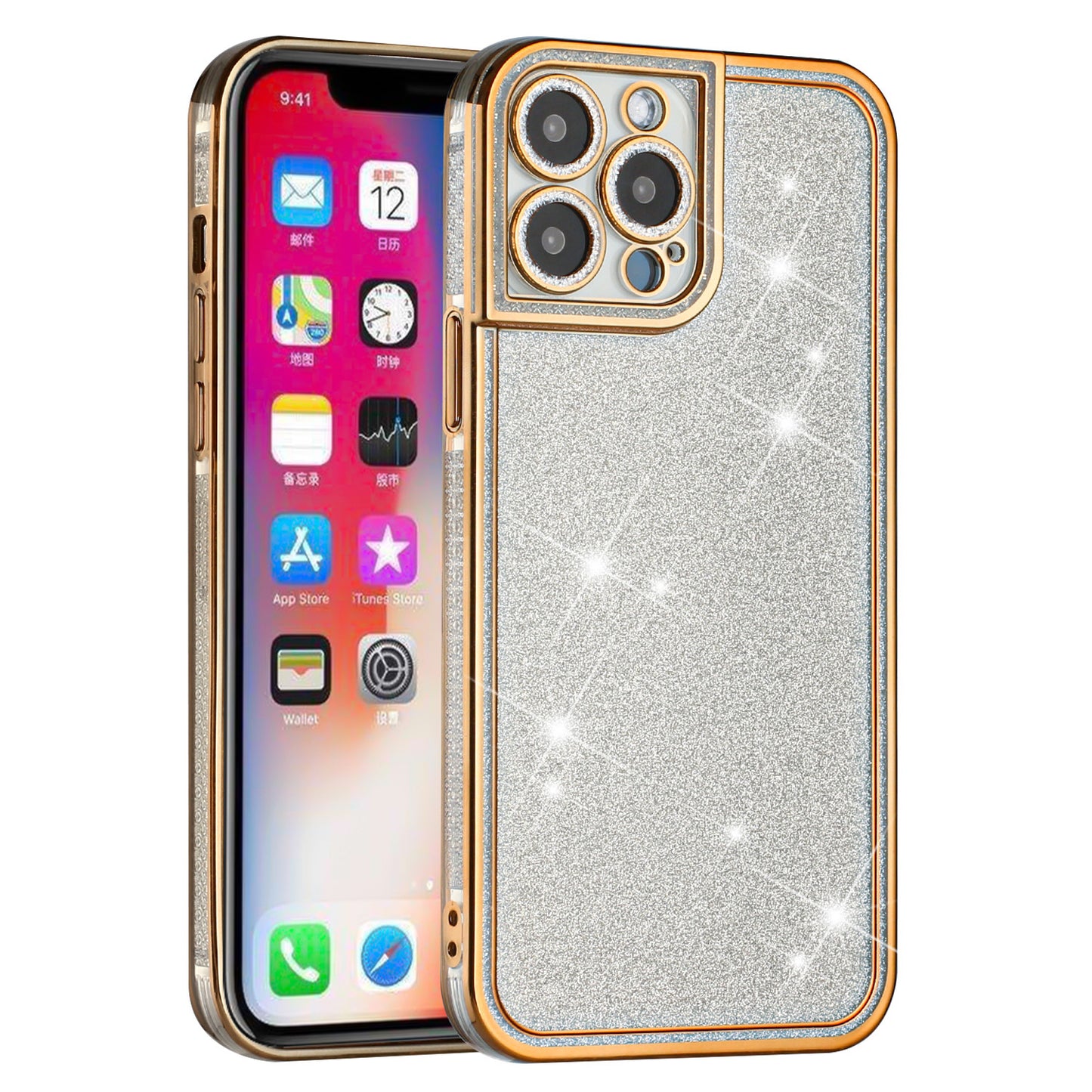 For Apple iPhone 13 Pro Max Luxury Chromed Edge Glitter Star Bling Thick TPU Shiny Bling Protective Frame  Phone Case Cover
