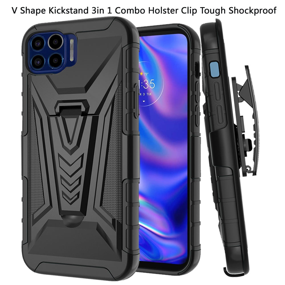 For Motorola Moto One 5G, Moto G 5G Plus, Moto One Lite 3 in 1 Rugged Belt Clip Holster Heavy Duty Hybrid Tough Armor Rubber with Kickstand Stand  Phone Case Cover
