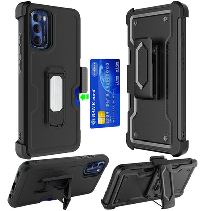 For Apple iPhone 14 Pro Max (6.7") Armor Belt Clip with Credit Card Holder ID Slot, Holster, Kickstand Heavy Duty Hybrid  Phone Case Cover