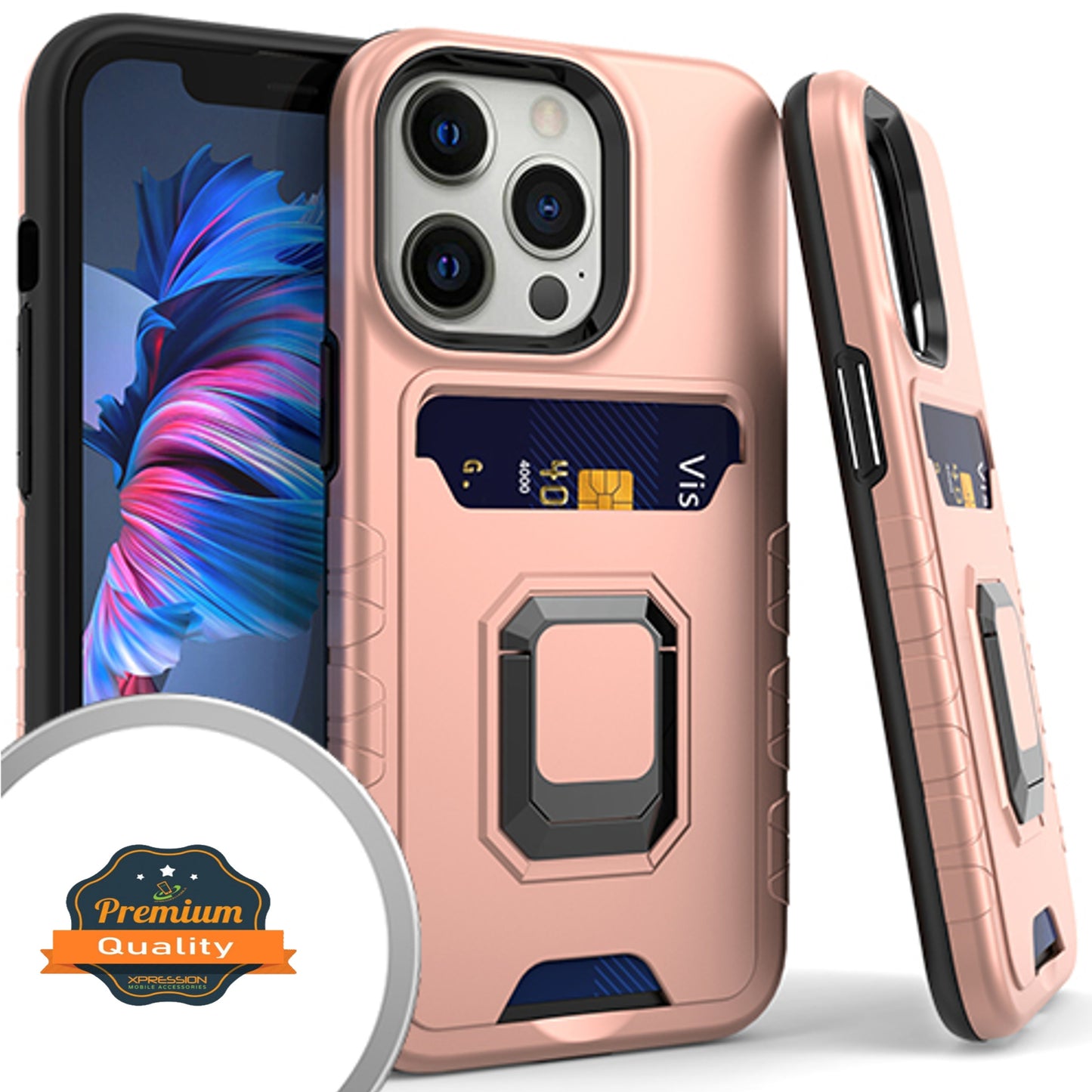 For Apple iPhone 14 (6.1") Wallet Credit Card Slot Holder with Metal Ring Kickstand Hybrid Dual Layer Magnetic Stand  Phone Case Cover