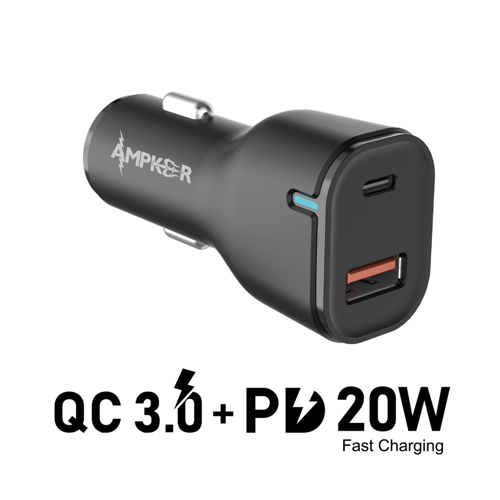 Car Adapter Dual Port QC 3.0 + PD 20W Fast Charging Adapter Universal Lighter Adapter Compatible with Apple, iPhone, iPad Mini/Pro, Samsung, Google & More - Black