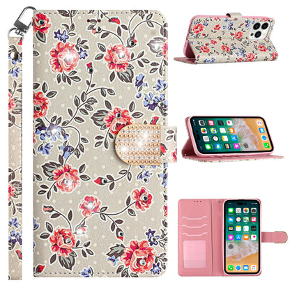 For Apple iPhone 14 Pro Max (6.7") Fashion Diamond Bling Design Wallet Pouch Card Slots Leather With Lanyard  Phone Case Cover