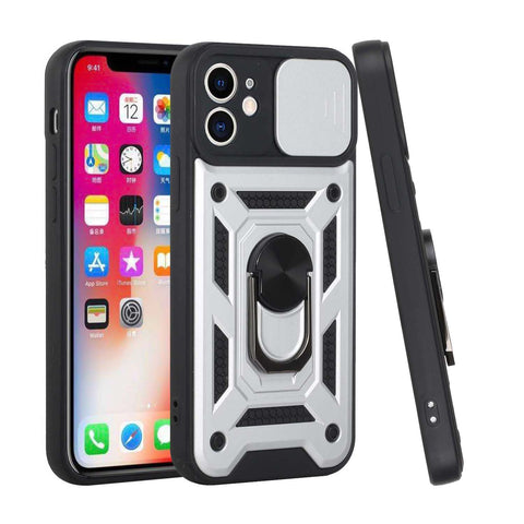 For Apple iPhone SE 2022 /SE 2020/8/7 Hybrid Cases with Camera Lens Cover, Ring Kickstand Rugged Dual Layer Heavy Duty Silver Phone Case Cover