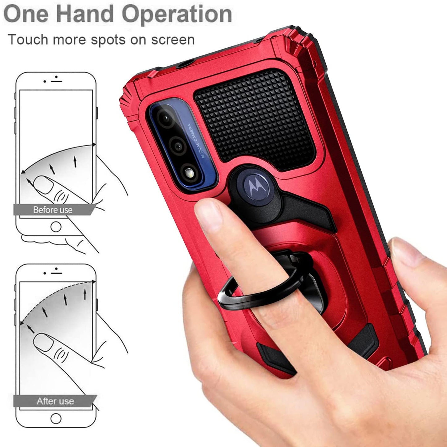 For Cricket Icon 4 Armor Hybrid Stand Ring Hard TPU Rugged Protective [Military-Grade] Magnetic Car Ring Holder Red