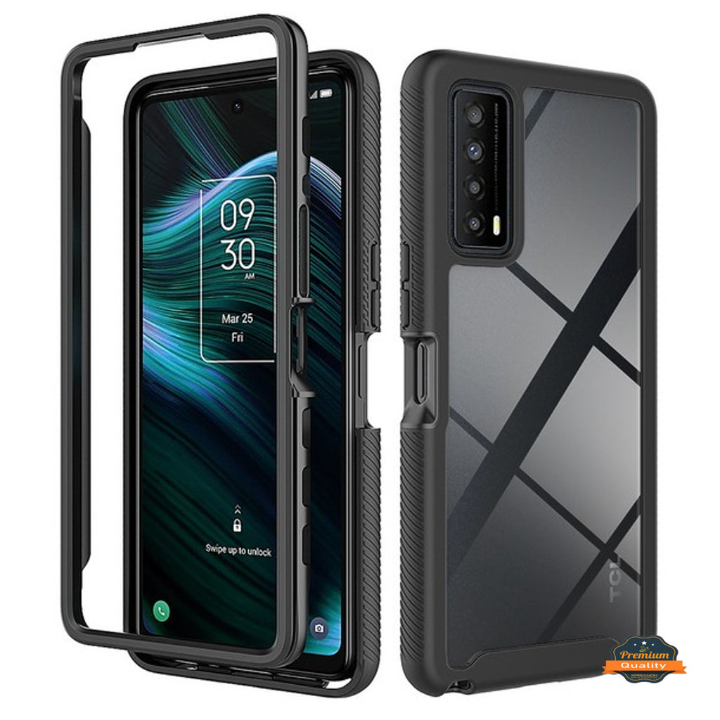 For TCL Stylus 5G Full Body Frame Armor Slim Hybrid Double Layer Hard PC + TPU Transparent Back Rugged Shockproof Clear / Black Phone Case Cover