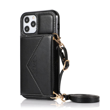 For Apple iPhone SE 3 (2022) SE/8/7 Wallet Case Credit Card ID Holder Lanyard Detachable Neck Strap Flip PU Leather Slim Black Phone Case Cover