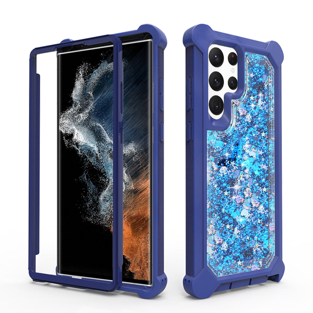 For Samsung Galaxy S22 Ultra Luxury Liquid Glitter 3in1 Sparkle Bling Quicksand Clear Heavy Duty Bumper PC Frame TPU Back  Phone Case Cover