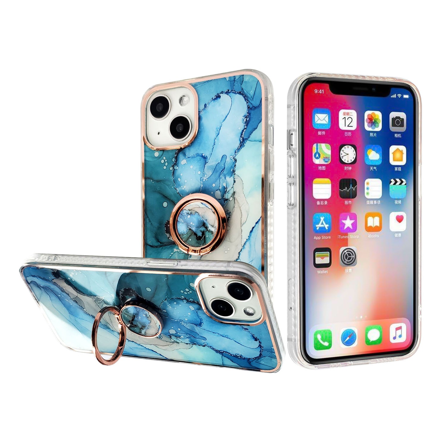 For Apple iPhone 14 (6.1") Pattern Fashion Design Chromed Edge IMD with Ring Kickstand Hybrid TPU Hard Back  Phone Case Cover