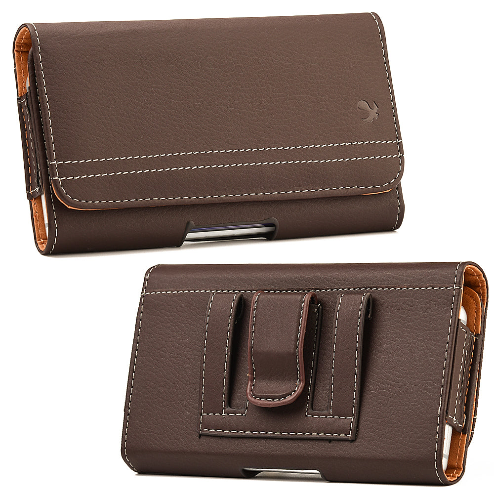 For Samsung Galaxy A23 5G Horizontal Universal Carry Pouch Cell Phone Case PU Leather Holster Belt Clip Loop Card Slot & Magnetic Closure [Brown]