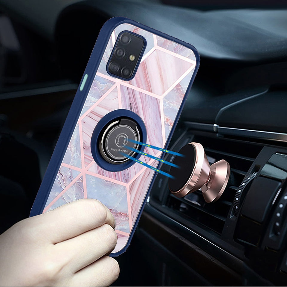 For Motorola Moto G 5G 2022 Marble Design with Magnetic Ring Kickstand Holder Hybrid TPU Hard PC Shockproof Armor Blue Pink Phone Case Cover