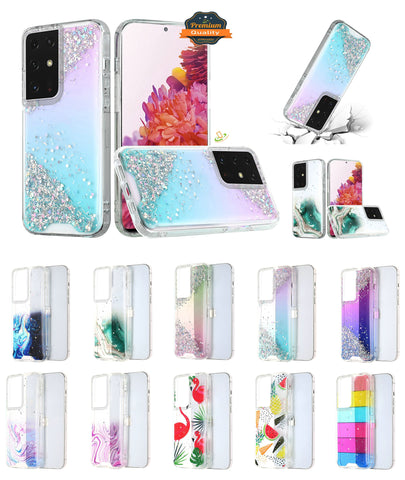 For Samsung Galaxy A42 5G Pattern Clear Design Transparent Glitter Bling Hybrid Plastic Hard Back TPU Bumper Rubber  Phone Case Cover