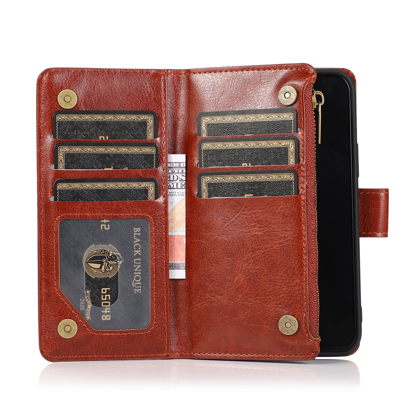 For Nokia C100 Luxury Leather Zipper Wallet Case 9 Credit Card Slots Cash Money Pocket Clutch Pouch with Stand & Strap Brown Phone Case Cover