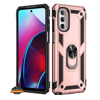 For Motorola Moto G 5G 2022 Shockproof Hybrid Dual Layer PC + TPU with Ring Stand Metal Kickstand Heavy Duty Armor Shell  Phone Case Cover