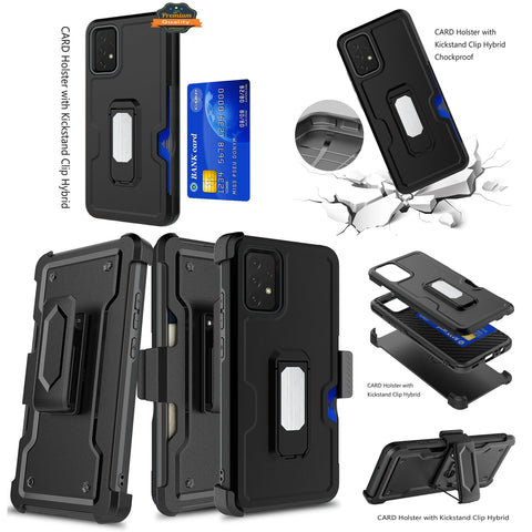 For Samsung Galaxy A03S Armor Belt Clip with Credit Card Holder, Holster, Kickstand Protective Full Body Heavy Duty Hybrid Black Phone Case Cover
