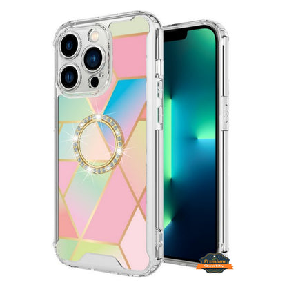 For Apple iPhone 14 /Plus Pro Max Fashion Design Pattern Hybrid Ring Kickstand Bling Diamond Hard PC TPU Protective  Phone Case Cover
