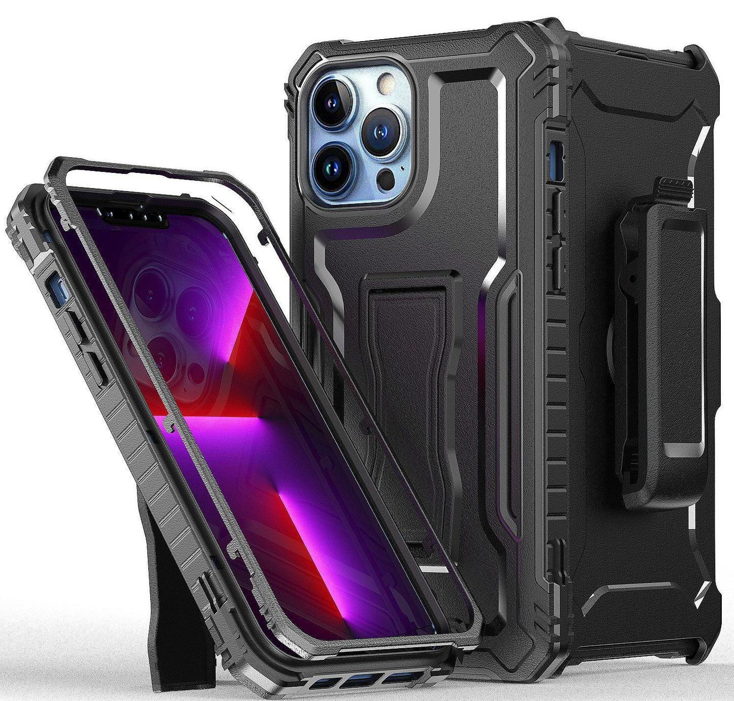 For Apple iPhone 14 (6.1") Combo Shell 3in1 & Holster with Kickstand Swivel Belt Clip Armor TPU Rugged Drop Protection Black Phone Case Cover