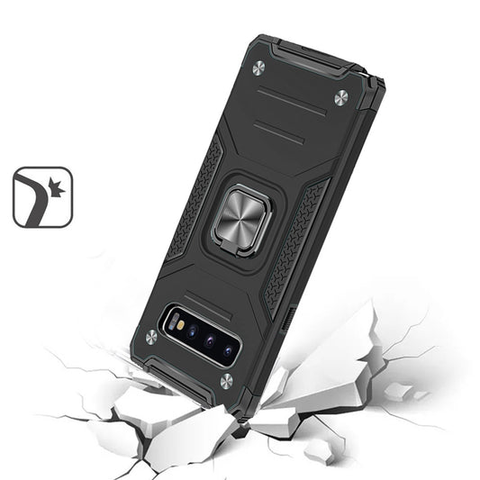 For Samsung Galaxy S10+ Plus Armor Hybrid with Ring Stand Holder Kickstand Shockproof Heavy-Duty Durable Rugged 2in1 Black Phone Case Cover