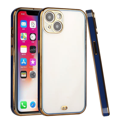 For Apple iPhone 13 (6.1") Slim Hybrid Gold Plated Chrome Transparent Rubber Gummy Hard PC Thick TPU Protective  Phone Case Cover