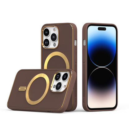 For Apple iPhone 14 Pro Max (6.7") Ultimate PU Leather Hybrid with MagSafe Compatible Bumper Gold Frame Protection  Phone Case Cover