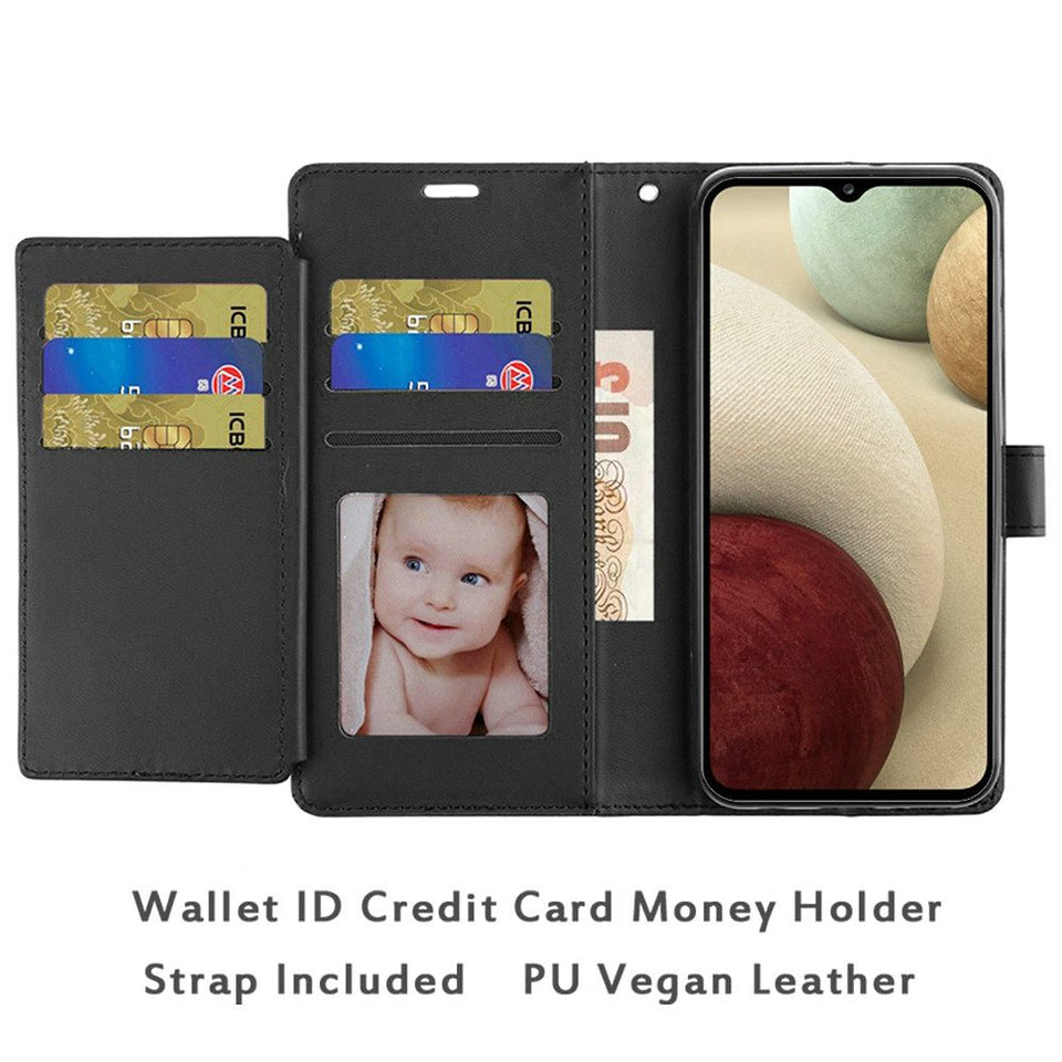 For Samsung Galaxy A23 5G Wallet Case PU Leather Credit Card ID Cash Holder Slot Dual Flip Pouch with Stand and Strap Black Phone Case Cover