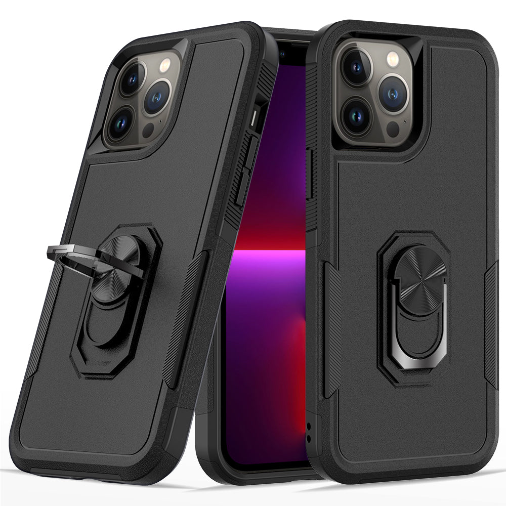 For Apple iPhone 14 Pro Max (6.7") Hybrid Rugged Hard Drop-Proof 3 Layer Protection Military Grade with Metal Ring Stand  Phone Case Cover