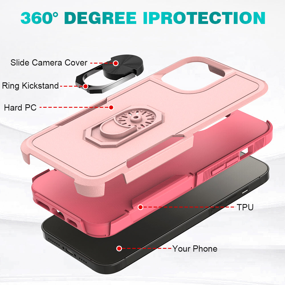 For Apple iPhone 14 Pro (6.1") Hybrid Rugged Hard Drop-Proof 3 Layer Protection Military Grade Armor Metal Ring Stand Pink Phone Case Cover