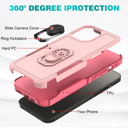 For Apple iPhone 14 Pro (6.1") Hybrid Rugged Hard Drop-Proof 3 Layer Protection Military Grade Armor Metal Ring Stand Pink Phone Case Cover