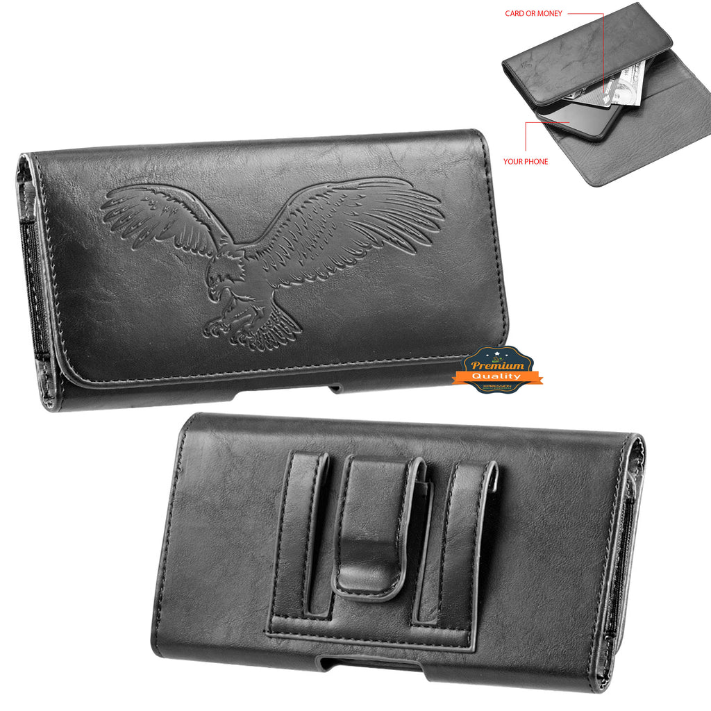 For Samsung Galaxy A23 5G Universal Horizontal Leather Phone Case with Embossed American Eagle Pouch Belt Clip Holster & Magnetic Pouch [Black]
