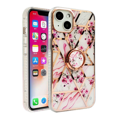 For Apple iPhone 14 Pro (6.1") Pattern Fashion Design Chromed Edge IMD with Ring Kickstand Hybrid TPU Hard Back  Phone Case Cover