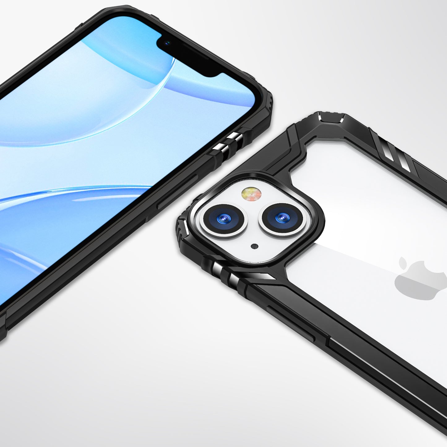 For Apple iPhone 14 (6.1") Metal Frame Transparent Hybrid Rubber TPU + Hard PC Color Bumper Frame Shockproof  Phone Case Cover