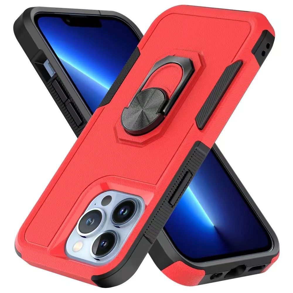 For Apple iPhone 14 (6.1") Hybrid Rugged Hard Drop-Proof 3 Layer Protection Military Grade Armor with Metal Ring Stand  Phone Case Cover