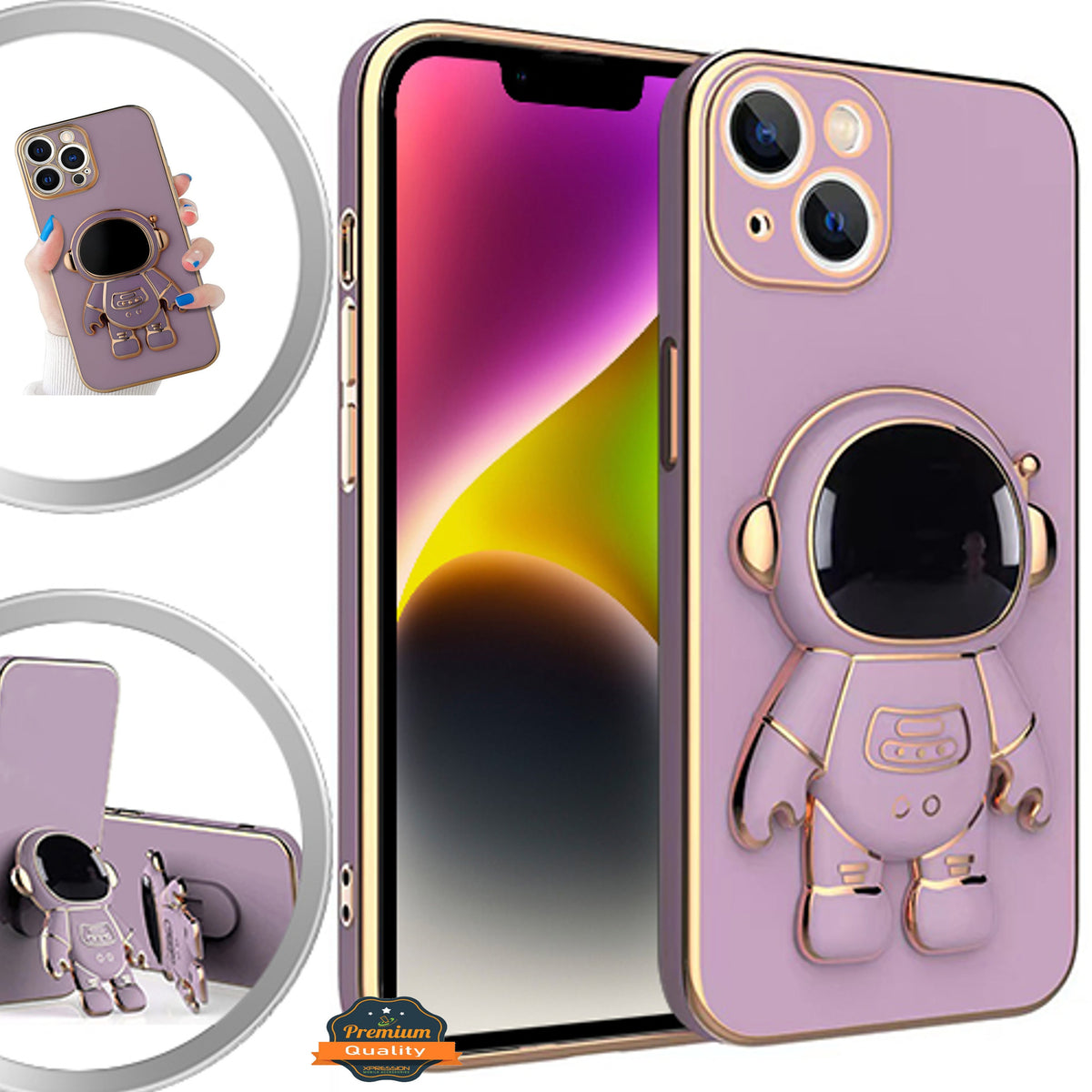 For Apple iPhone 13 /6.1" Astronaut Hidden Stand Holder Plating Hybrid Electroplated Bumper Shockproof Armor Cute  Phone Case Cover
