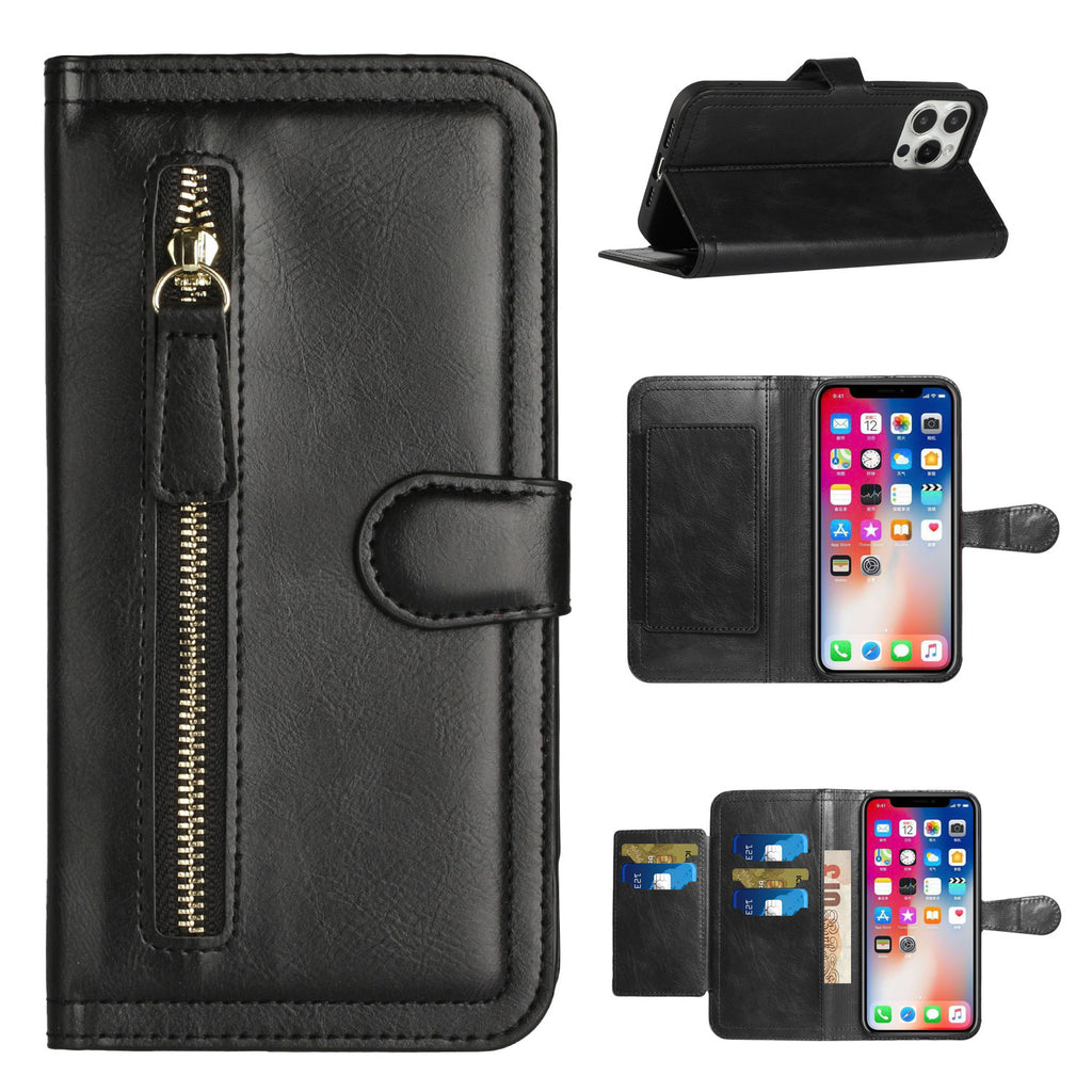 For Samsung Galaxy A13 5G Multi Credit Card Holder Zipper Storage PU Leather Wallet Pockets Double Flap Pouch Flip Stand Black Phone Case Cover