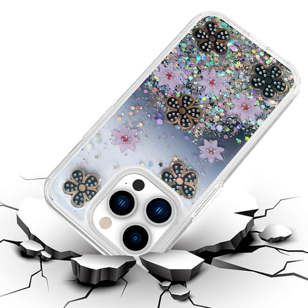 For Apple iPhone 13 Pro Max (6.7") Floral Stylish Design Glitter Shiny Hybrid Rubber TPU Hard PC Shockproof Slim Fit  Phone Case Cover