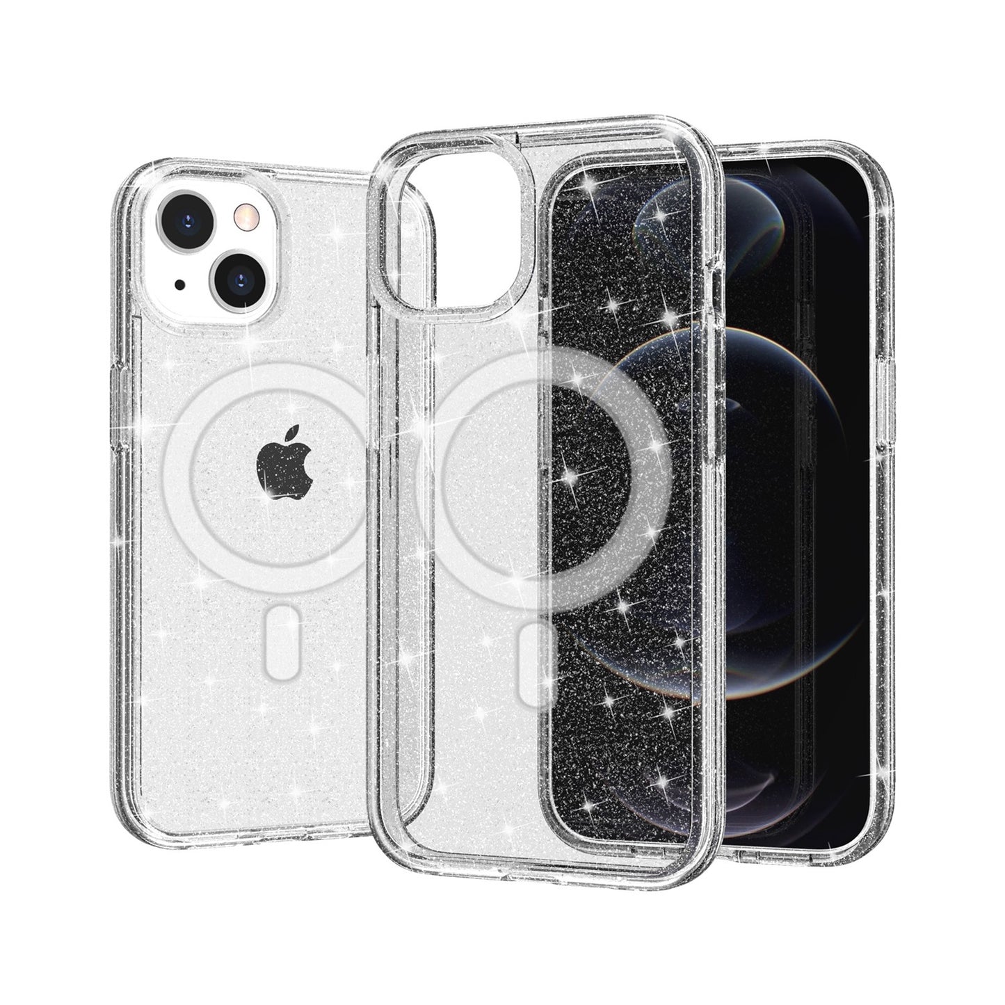 For Apple iPhone 14 Pro Max (6.7") MagSafe Compatible Glitter Shiny Sparkle Bling TPU Rubber Hard PC Back Hybrid Frame  Phone Case Cover