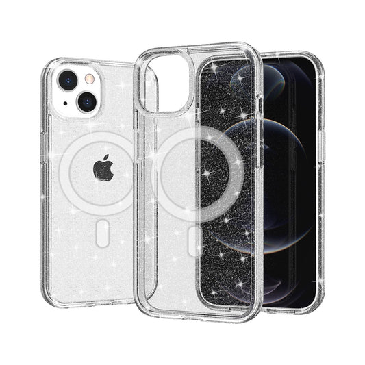 For Apple iPhone 14 (6.1") MagSafe Compatible Glitter Shiny Sparkle Bling TPU Rubber Hard PC Back Hybrid Armor Frame  Phone Case Cover