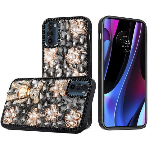For Motorola Edge+ 2022 /Edge Plus Bling Clear Crystal 3D Full Diamonds Luxury Sparkle Rhinestone Hybrid Protective Black Panda Floral Phone Case Cover