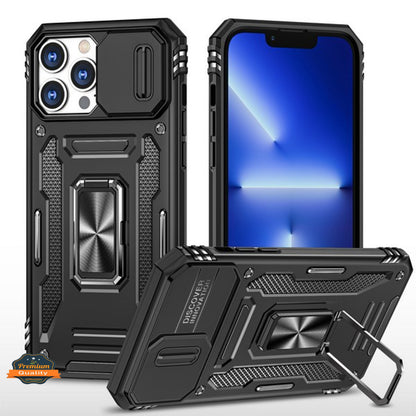 For Apple iPhone 14 /Plus Pro Max Kickstand & Slide Camera Lens Protection + 360° Rotate Ring Stand, Hybrid Shockproof  Phone Case Cover