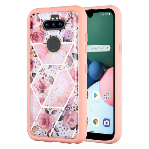 For LG K31 /Aristo 5/Fortune 3/Tribute Monarch / Phoenix 5 Hybrid Dual Layer Hard PC Cases Shockproof TPU Marble Roses Marbling Pink Phone Case Cover