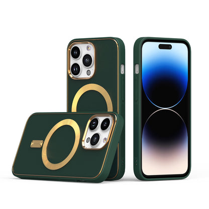 For Apple iPhone 14 Pro Max (6.7") Ultimate PU Leather Hybrid with MagSafe Compatible Bumper Gold Frame Protection  Phone Case Cover
