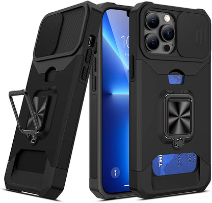 For Apple iPhone 13 /Pro /Mini Wallet Case Designed with Slide Camera Protection, Card Slot & Ring Kickstand Magnetic Car Mount  Phone Case Cover