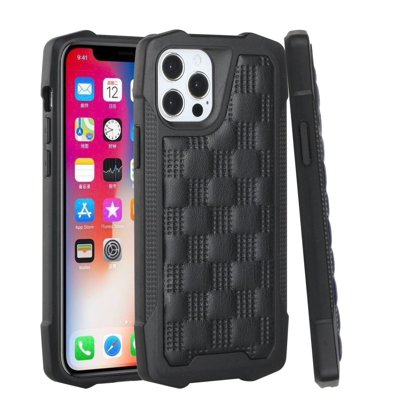 For Apple iPhone 13 (6.1") PU Leather Design Lines Hybrid PC Hard Shockproof Armor Shell Bumper Soft Rubber Protection  Phone Case Cover